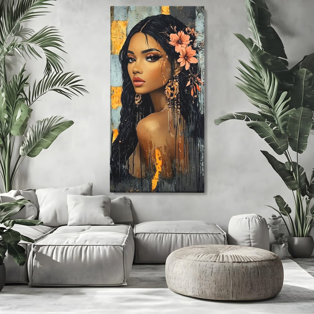 Tablou canvas cu tablou canvas cu femeie si flori in par, fara rama, pe sasiu de lemn, pe perete intr-un living